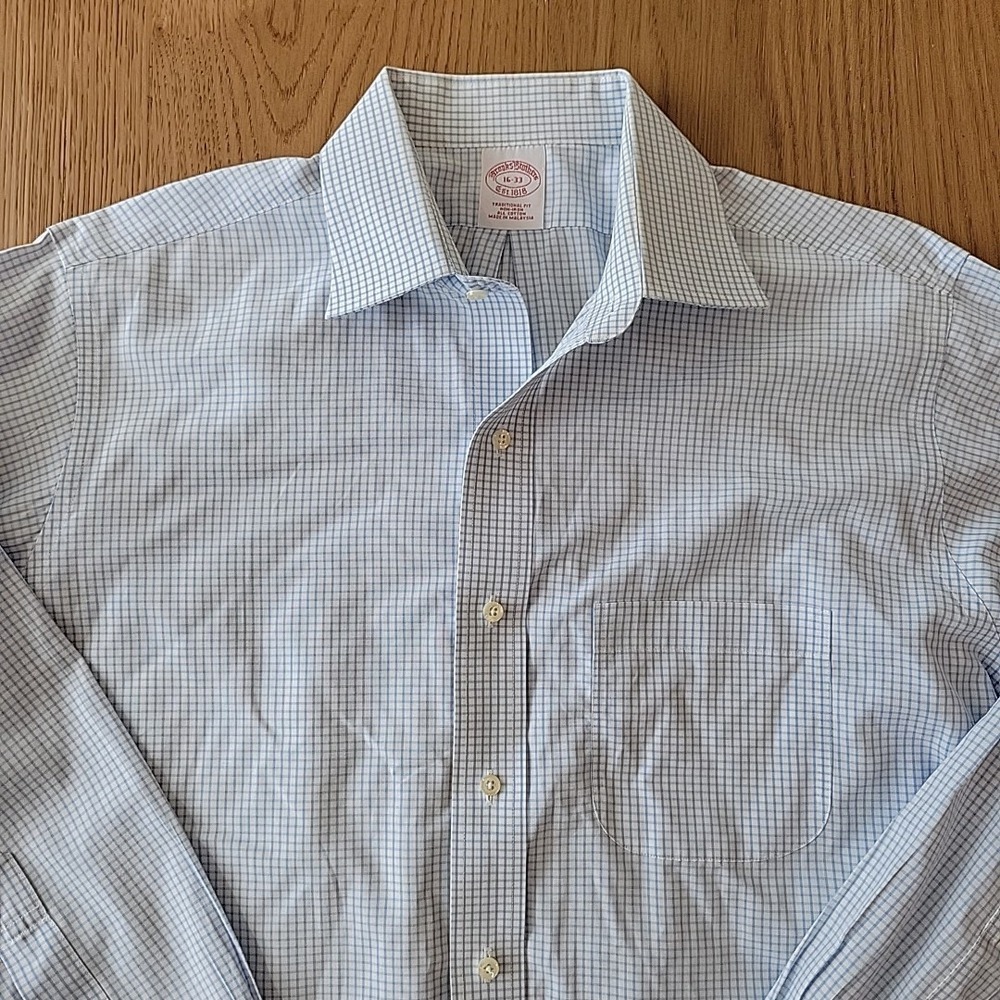 Brooks Brothers Shirt Men's 16 33 Blue Check Button Up All Cotton Preppy Casual